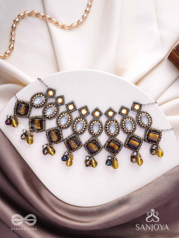 Haridhumra- The Amber Chestnut - Stones, Beads, Coins And Glass Drops Hand Embroidered Oxidised Neckpiece