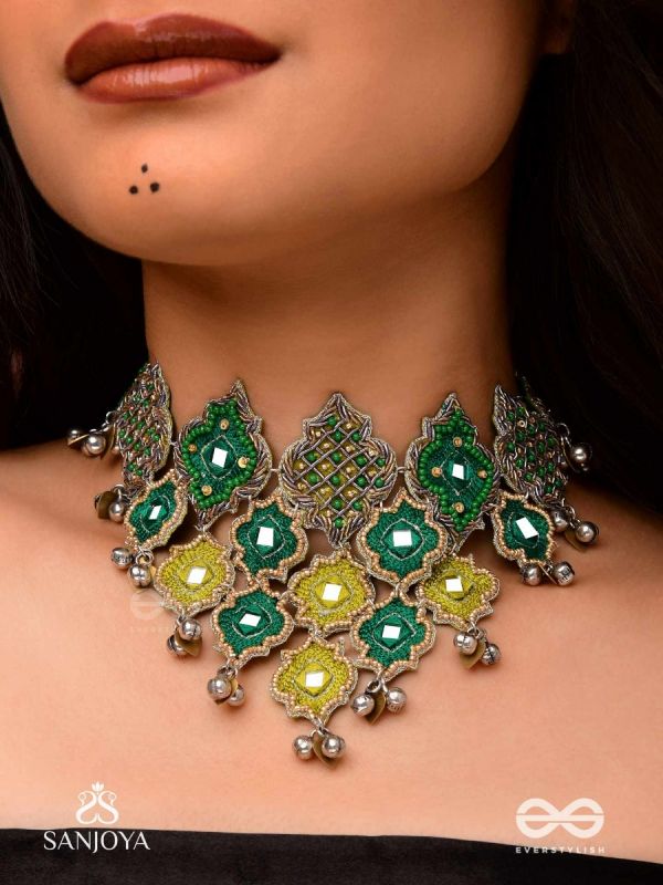Aardratva - The Lush Cascade - Resham, Mirror And Dabka Hand Embroidered Oxidised Neckpiece