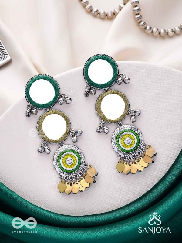 Abhatih - The Dancing Reflections - Mirrors, Resham And Beads Hand Embroidered Enamelled Oxidised Earrings 