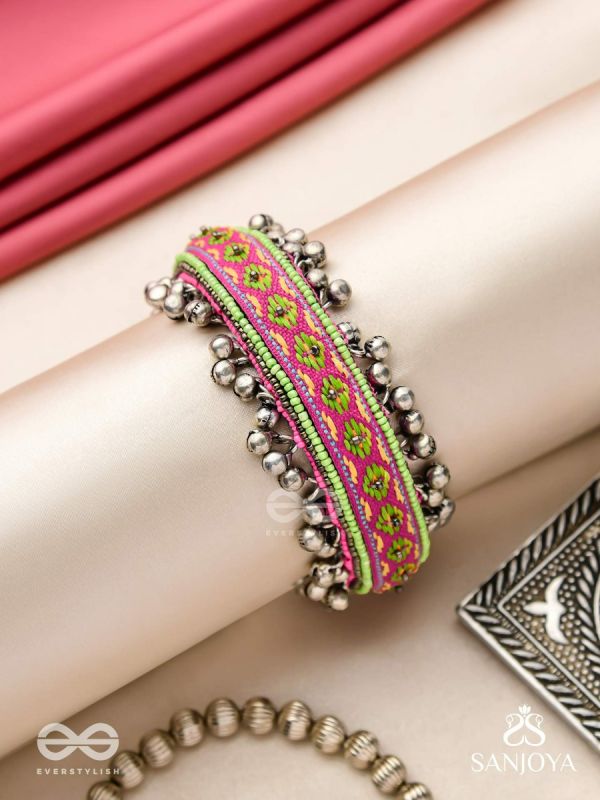 Shinjit - The Pastel Chimes - Resham And Beads Hand Embroidered Oxidised Cuff Bracelet