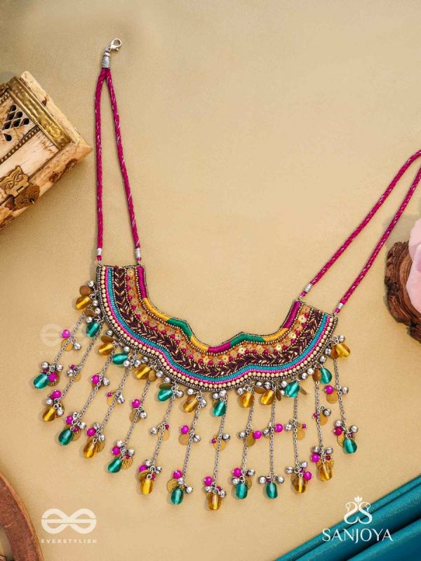 Vadya - The Umber Rhythm - Beads, Coins, Resham And Glass Drops Hand Embroidered Neckpiece