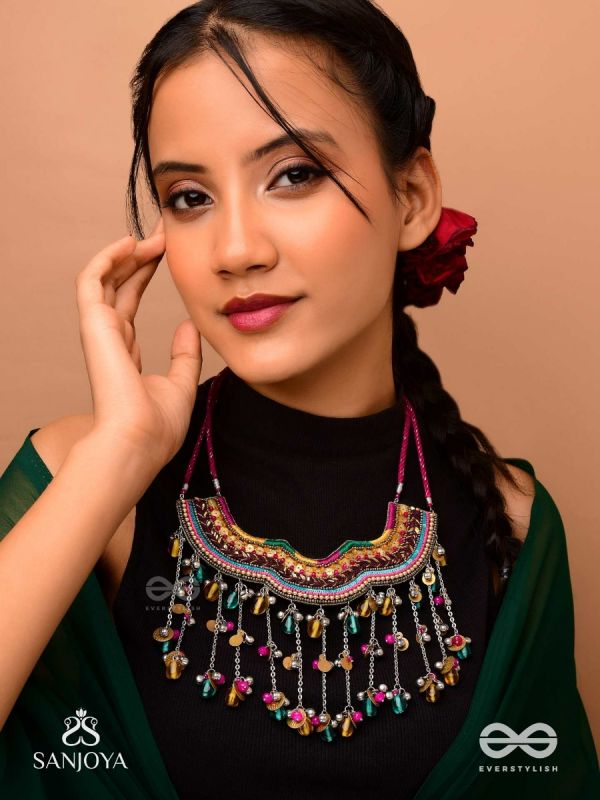 Vadya - The Umber Rhythm - Beads, Coins, Resham And Glass Drops Hand Embroidered Neckpiece