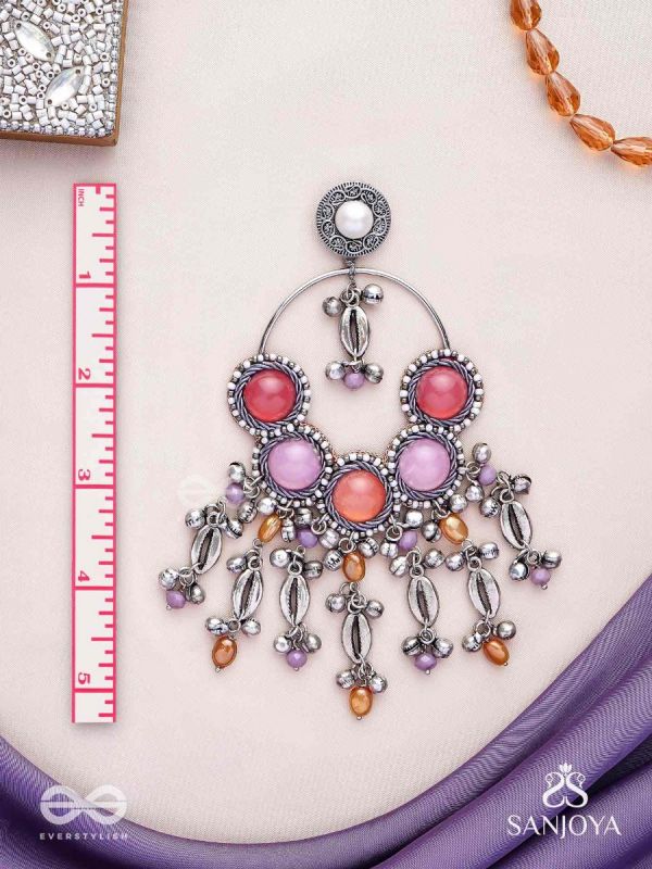 Durvarna - The Silvery Chimes - Beads, Shells And Glass Drops Hand Embroidered Earrings