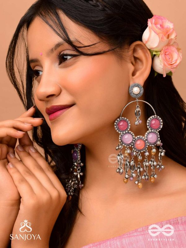 Durvarna - The Silvery Chimes - Beads, Shells And Glass Drops Hand Embroidered Earrings