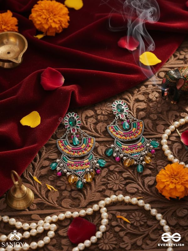 Gramik - The Rustic Royalty - Stone, Resham , Coins And Glass Drops Hand Embroidered Earrings