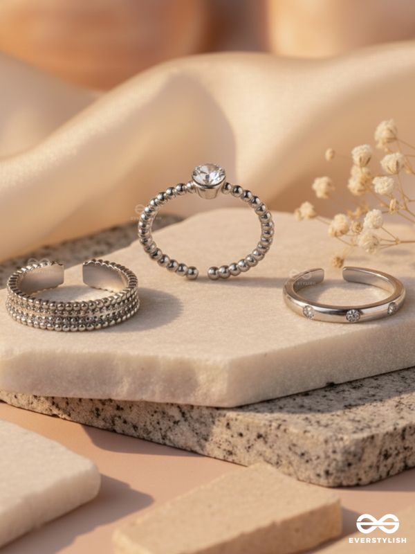 The Sterling Trio - Silver Cubic Zirconia Rings (Set Of 3 Adjustable)
