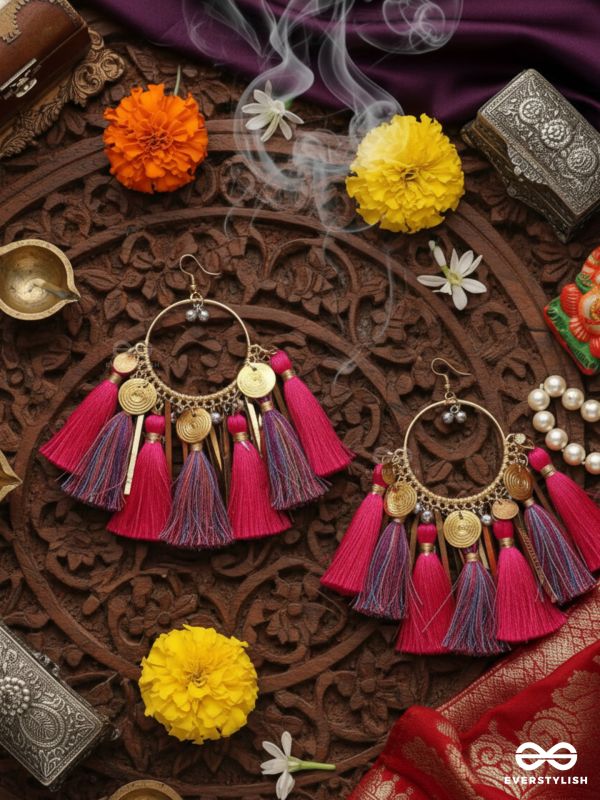 Aruniman - The Scarlet Melody - Resham, Coins And Beads Hand Embroidered Oxidised Hoop Earrings
