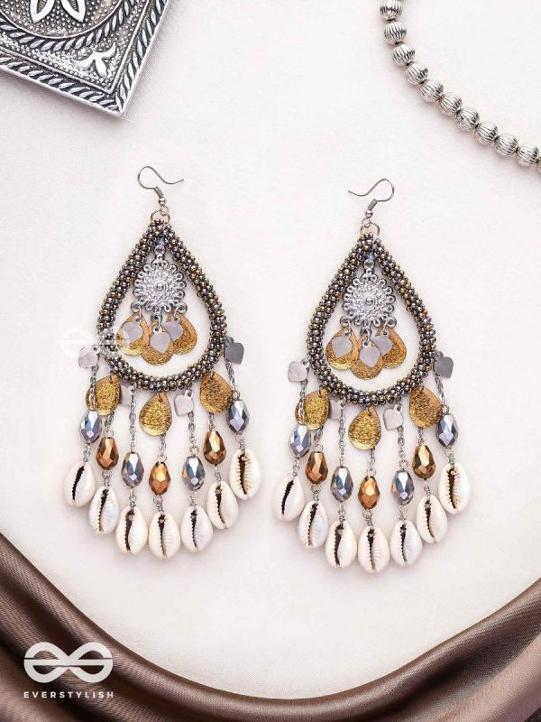 The Singing Shore - Shells, Beads And Glass Drops Hand Embroidered Oxidised Earrings