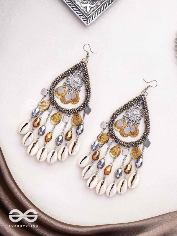 The Singing Shore - Shells, Beads And Glass Drops Hand Embroidered Oxidised Earrings