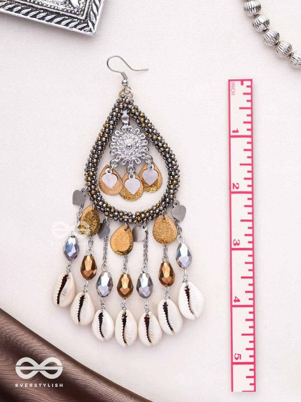 The Singing Shore - Shells, Beads And Glass Drops Hand Embroidered Oxidised Earrings