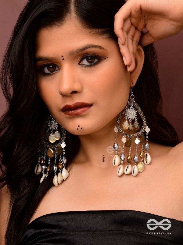 The Singing Shore - Shells, Beads And Glass Drops Hand Embroidered Oxidised Earrings