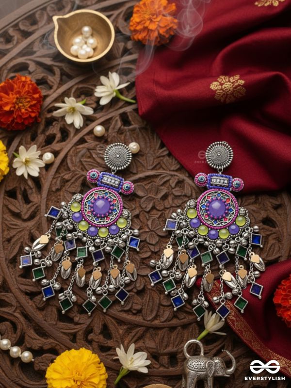 Bahushast - The Merry Sky - Beads And Shells Hand Embroidered Enamelled Oxidised Earrings