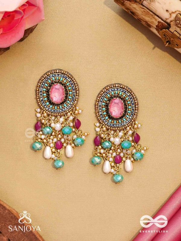 Prakhyaih - The Hazy Splendor - Stones, Beads And Pearl Drops Hand Embroidered Earrings