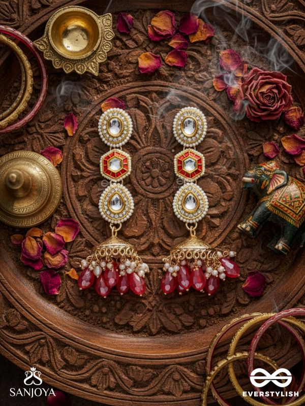 Suvarnmani - The Golden Gem –Golden enamel earrings adorned with gemstones and dangling beads