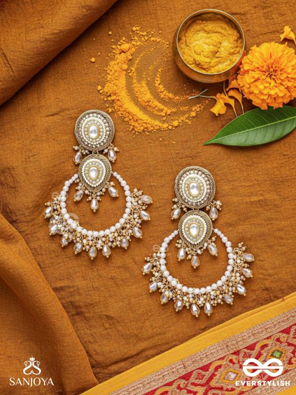 Suvarnkantika – Golden radiance – Gold toned, Kundan embellished earrings with pearl and bead danglers