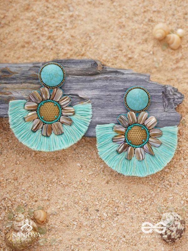 Vibhusitpuspa - the adorned flower - embroidered flower earrings with turquoise tassles