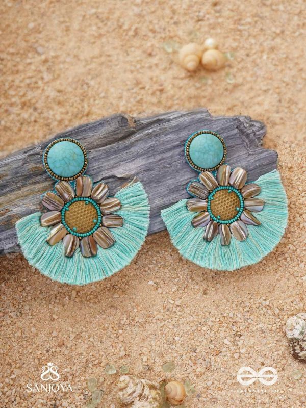 Vibhusitpuspa - the adorned flower - embroidered flower earrings with turquoise tassles