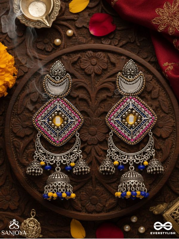 CHANDRAKANTA-MOONSTONE EARRINGS-STATEMENT OXIDISED JHUMKAS WITH MIRROR, BEADS AND THREAD WORK
