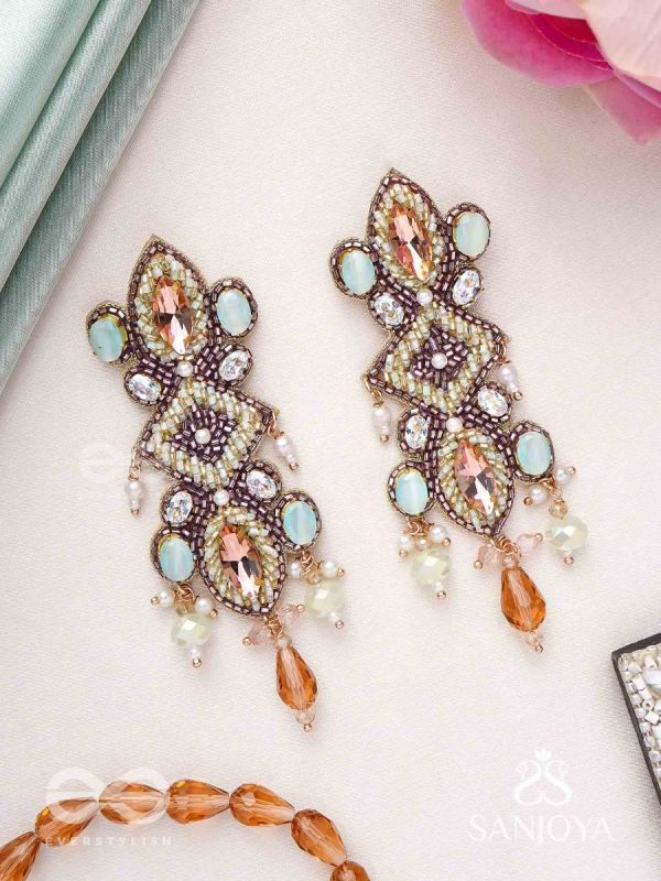 Shringarakundala-Ornamental Earrings-Turquoise and tangerine stones, embellished with Beads and Pearls.