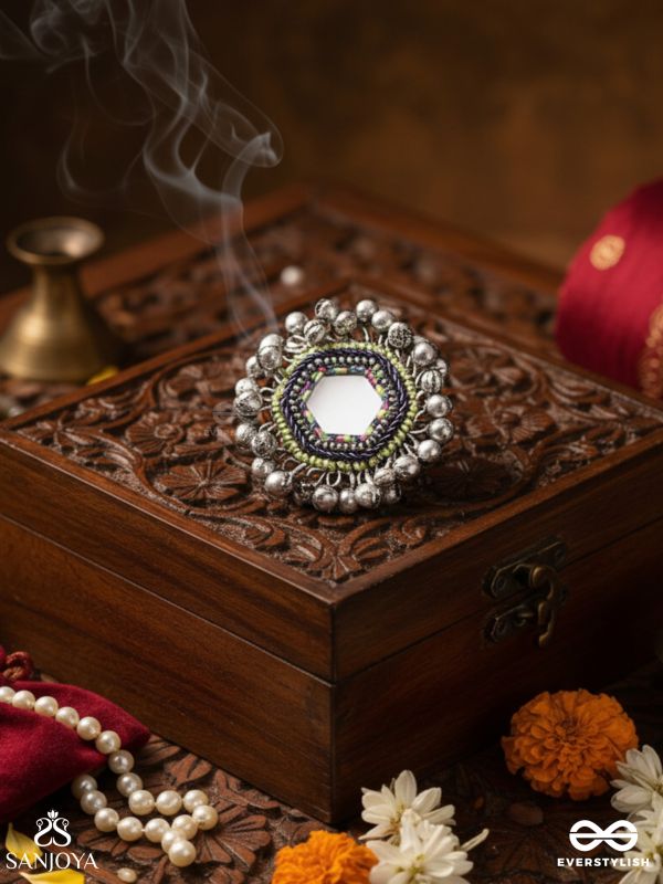 CHANDRA-KANTA-MOONLIT RADIANCE-EMBROIDERED OXIDISED RING WITH BEADS AND GHUNGROO