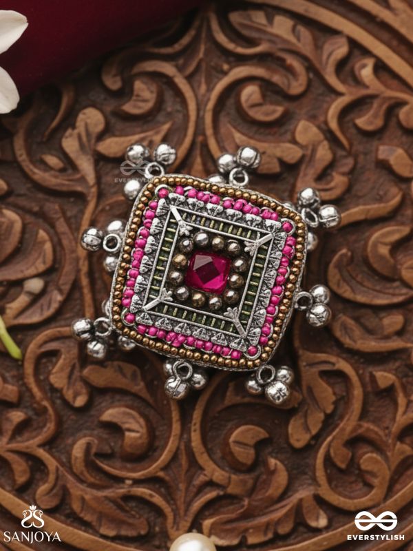 Chaturmukhi-Four-Faced- Oxidized embroidered ring features ghunghroo, beads & mirror. 