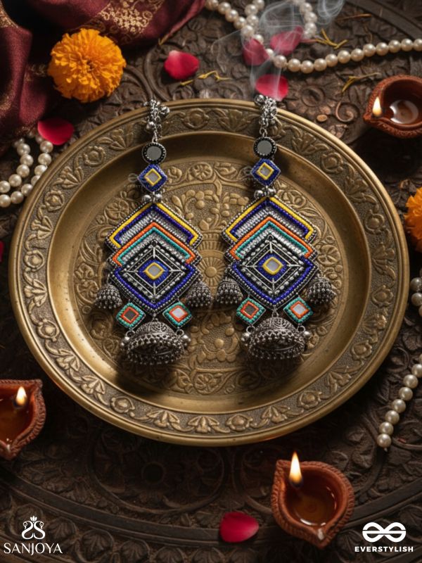 Pratibimbā-Reflective Jhumka-Brick stitch pattern earrings with geometric mirror inlays, thread work and jhumkas.