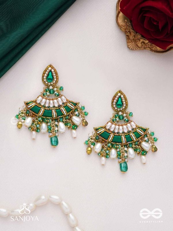 CHANDRAVATA- CRESCENT BRANCH EARRINGS- EMBROIDERED EARRINGS WITH STONES, BEADS, PEARLS AND RESHAM WORK