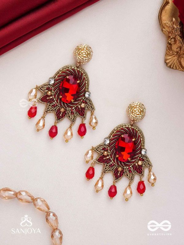 RAKTAVARNA-RED HUE HAND-EMBROIDERED EARRINGS IN RED AND GOLD TONES, FEATURING STONES, GLASS BEADS, AND INTRICATE RESHAM THREAD WORK