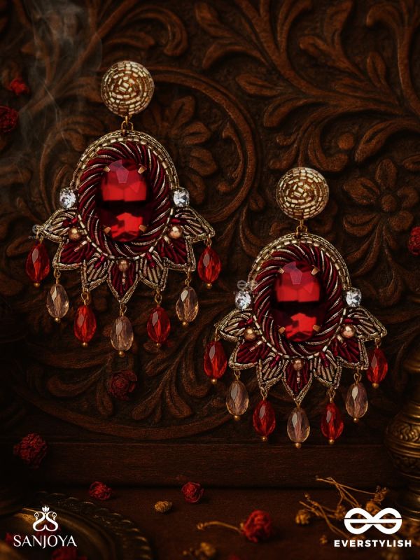 RAKTAVARNA-RED HUE HAND-EMBROIDERED EARRINGS IN RED AND GOLD TONES, FEATURING STONES, GLASS BEADS, AND INTRICATE RESHAM THREAD WORK