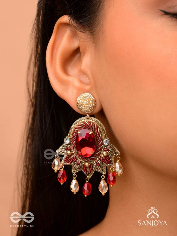RAKTAVARNA-RED HUE HAND-EMBROIDERED EARRINGS IN RED AND GOLD TONES, FEATURING STONES, GLASS BEADS, AND INTRICATE RESHAM THREAD WORK