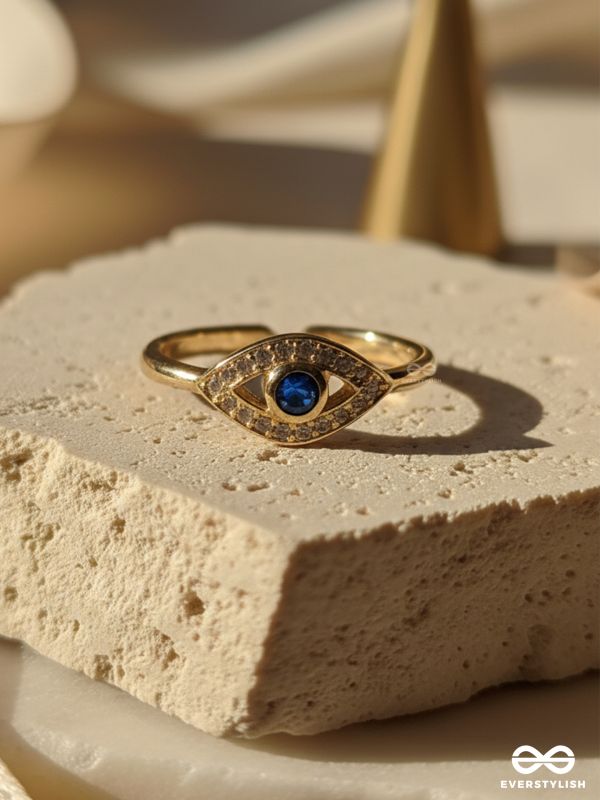 MYSTIC EVIL EYE - 18K GOLD PLATED ANTI-TARNISH STATEMENT BLUE STONE RING INLAID WITH CUBIC ZICRONIA STONES
