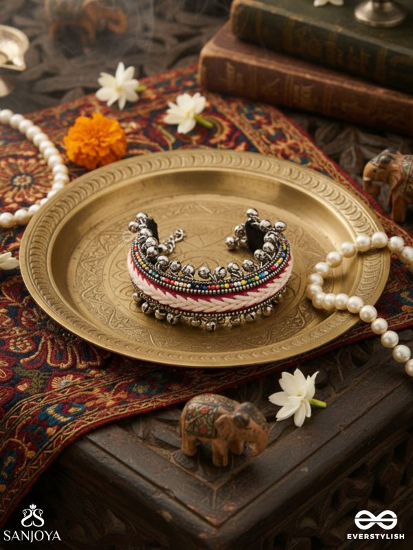SHAKHAABANDHA- BRANCH BIND- OXIDIZED HAND EMBROIDERED BRACELET, THREAD WORK ACCENTED WITH GHUNGROO AND BEADS
