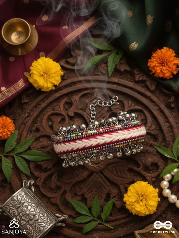 SHAKHAABANDHA- BRANCH BIND- OXIDIZED HAND EMBROIDERED BRACELET, THREAD WORK ACCENTED WITH GHUNGROO AND BEADS