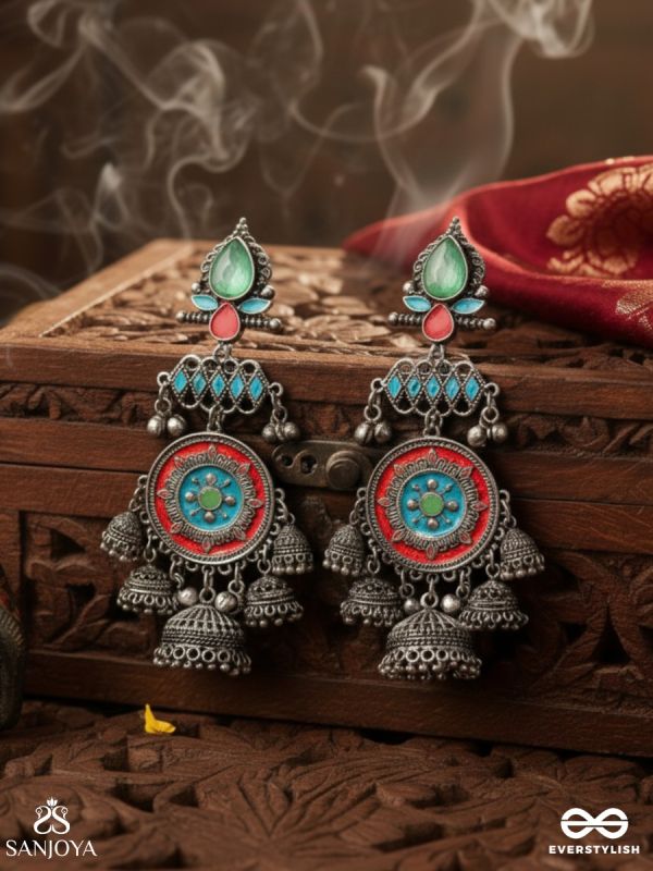  ADITYARATNA-SUN GEM- RADIANT EARRINGS WITH DETAILED METALWORK SET IN PASTEL TONE FEATURING STONE AND JHUMKAS