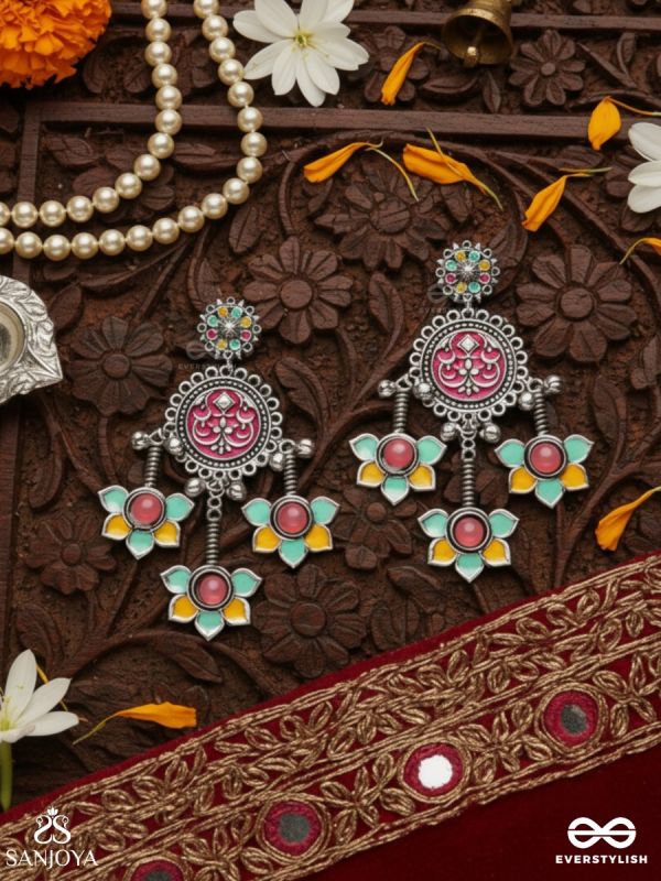  SHAHIPUSHP- ROYAL BLOSSOM- ENAMELLED EARRINGS WITH MULTI COLOURED STONES SET IN SILVER TONED METAL