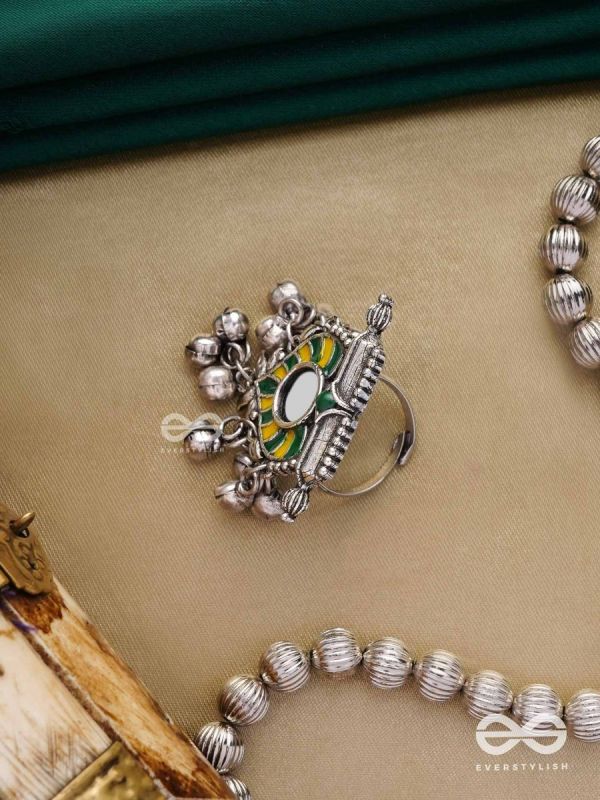 Moss Canopy-  Enamelled Oxidized Adjustable ring  with ghungroos and mirror.