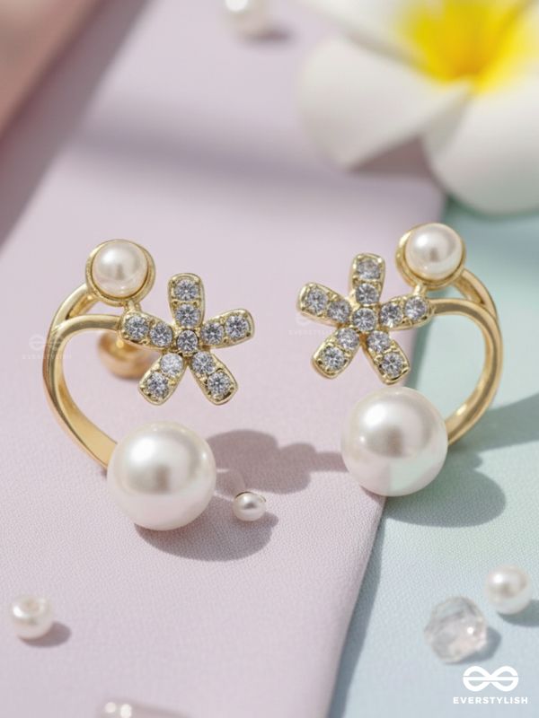 Golden crescent- Pearl studs' golden floral pattern 
