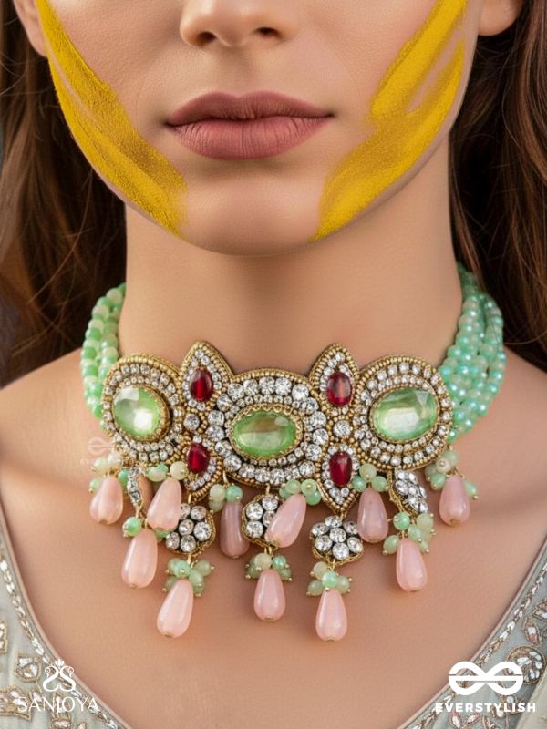 PANKHURI DHARA – SUHANA KHAN INSPIRED NECKPIECE FEATURING CASCADING PINK BEADS AND SPARKLING GEMSTONES