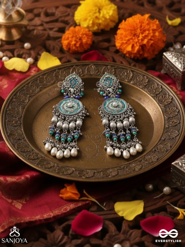 NEELKAMALA – BLUE LOTUS OXIDIZED EARRINGS WITH BLUE BEADS AND INTRICATE WORK, ADORNED WITH PEARLS & GHUNGROO'S