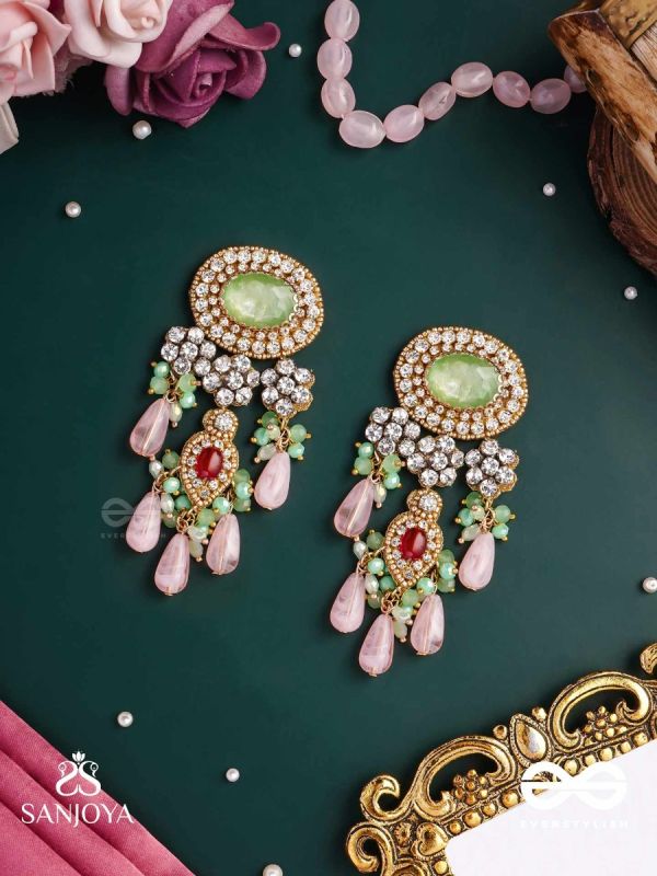 PANKHURI DHARA – SUHANA KHAN INSPIRED EARRINGS FEATURING CASCADING PINK BEADS AND SPARKLING GEMSTONES