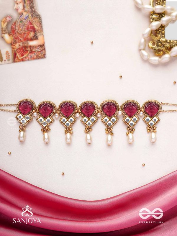 PREMABHUSHANAM - ADORNMENT OF LOVE - RED ENAMEL ON STONES, PEARLS AND KUNDAN DETAILING CHOKER NECKLACE