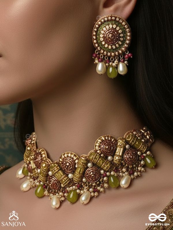 MANIMEKHALA - BEJEWELLED GIRDLE-CHOKER NECKPIECE & EARRINGS SET ADORNED WITH PINK AND GOLD GEMSTONES, BEADS AND DELICATE PEARL DROPS.