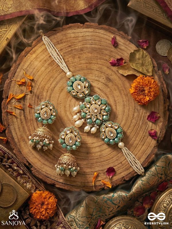 MAUGDHYA - THE TREASURED INNOCENCE - BEADS, PEARL DROPS, POLKI & KUNDAN HANCRAFTED SET WITH CHOKER NECKPIECE AND EARRINGS