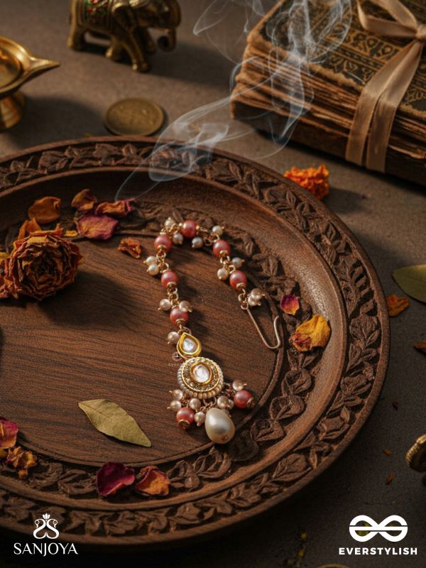 DIVYAMUKUTA - DIVINE ORNAMENT - PEARLS AND BEADS HAND EMBROIDERED MAANG TIKA (PINK & WHITE)