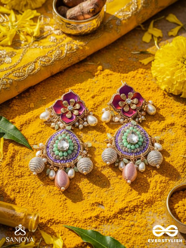 RANGOLIKA - A CANVAS OF COLORS - ENAMEL FLOWERS, BEADS AND PEARLS  HAND EMBROIDERD EARRINGS 