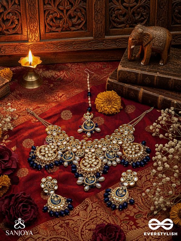 NĪRASUNDARĪ -  OCEAN BEAUTY -  HAND EMBROIDERED BRIDAL KUNDAN SET WITH NECKLACE, EARRINGS AND MAANGTIKA