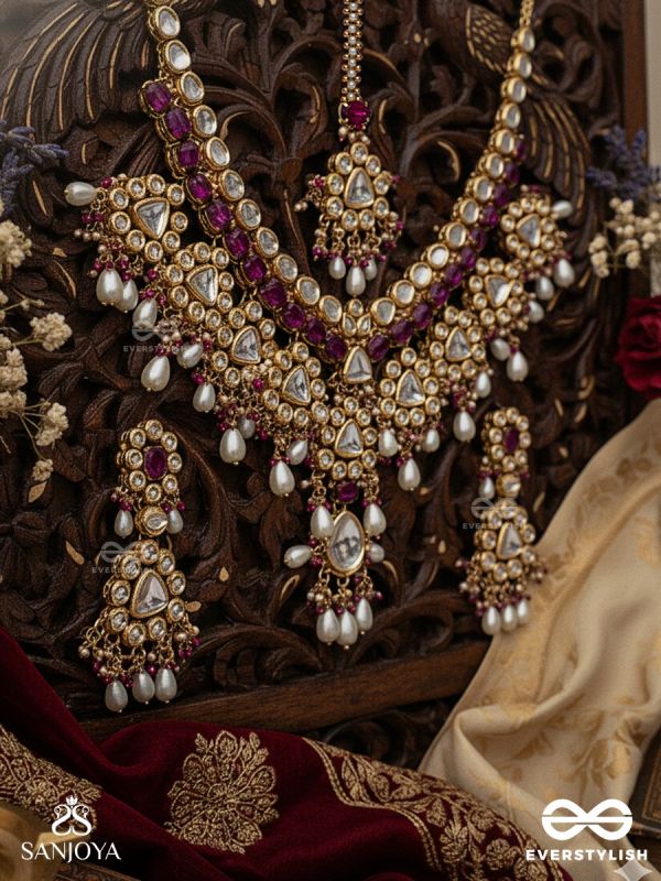 PREMABHĀVINI - RADIATING LOVE -  HAND EMBROIDERED BRIDAL KUNDAN AND PEARL SET WITH NECKLACE, EARRINGS AND MAANGTIKA