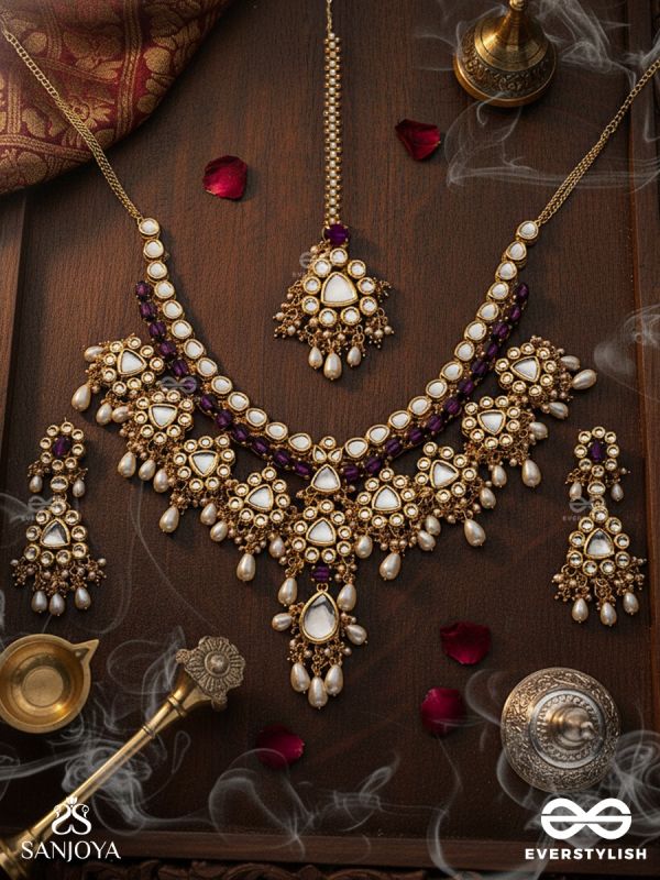 AMRITAMUKTA - IMMORTAL PEARL -  HAND EMBROIDERED BRIDAL KUNDAN AND PEARL SET WITH NECKLACE, EARRINGS AND MAANGTIKA