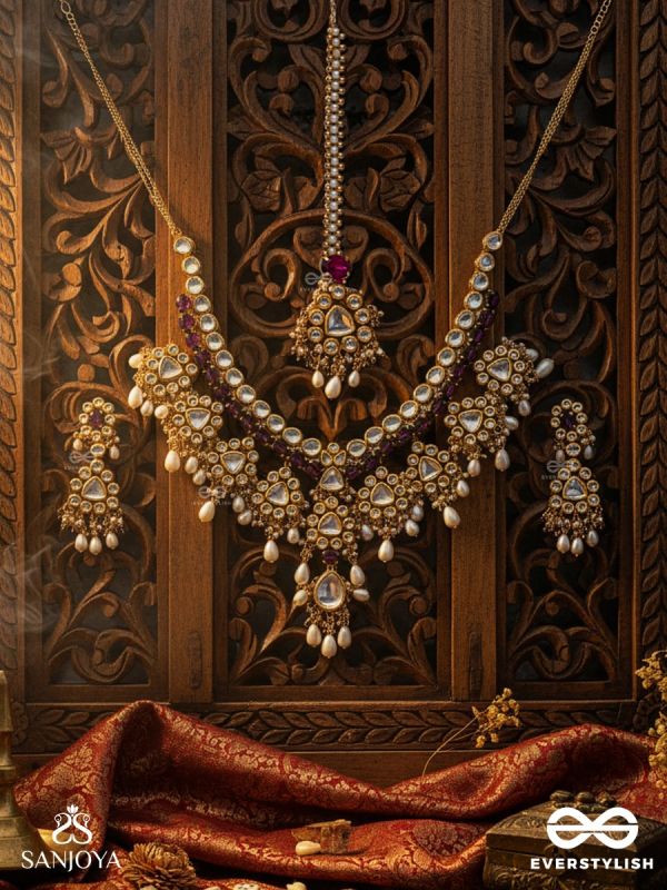 AMRITAMUKTA - IMMORTAL PEARL -  HAND EMBROIDERED BRIDAL KUNDAN AND PEARL SET WITH NECKLACE, EARRINGS AND MAANGTIKA