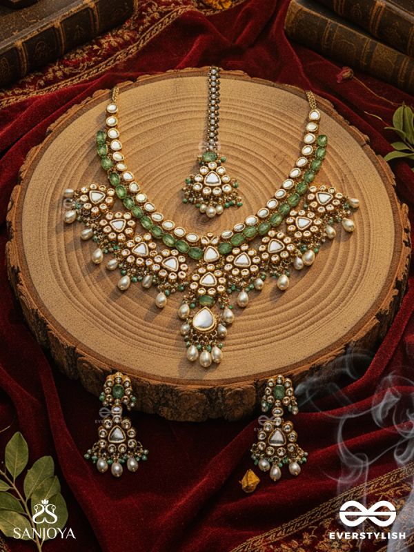 MADHURASHRĪ  - SWEET SPLENDOR -  HAND EMBROIDERED BRIDAL KUNDAN AND PEARL SET WITH NECKLACE, EARRINGS AND MAANGTIKA